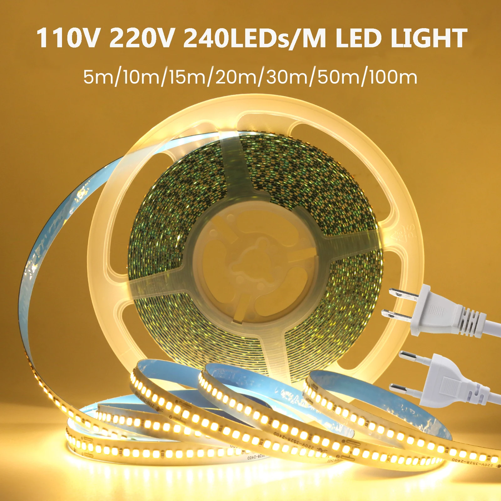 

110 В 220 В Гибкая светодиодная лента 2835 240 светодиодов/м с вилкой европейского/американского стандарта, теплая/натуральная/белая, IP44, режущая светодиодная лента для комнаты, кухни