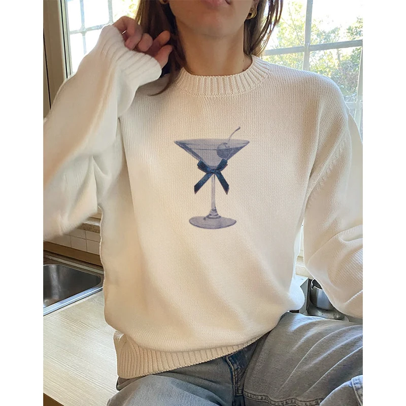 Vintage Sweater Y2K Streetwear Hip Hop Loose Harajuku Knitt Sweaters Autumn Fashion Goblet Print Casual White Oversized Pullover