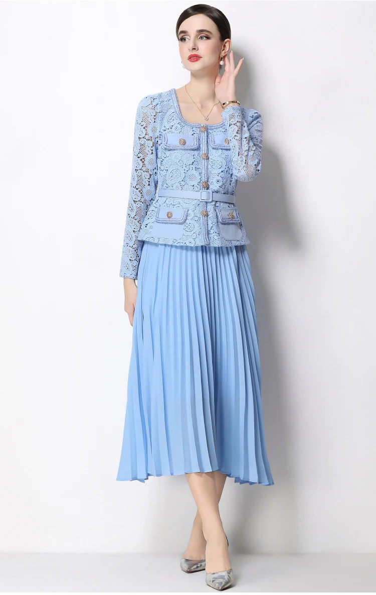 

Women's Summer Autumn Embroidery Formal Evening Dress Hollow out Full Sleeve Lace Chiffon Long Dress Pleated Lady Party Vestidos