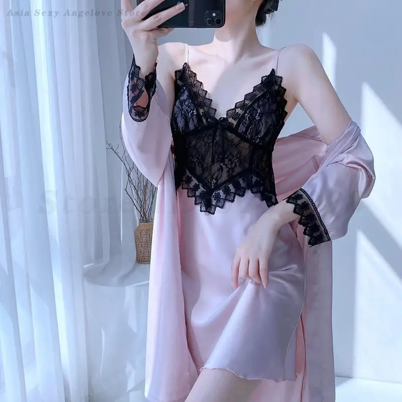 

French Style Robe Nightgown 2PCS Set Sleepwear Sexy Lace Chemise Nightdress Lingerie Spring Summer New Nightwear Home Clothing