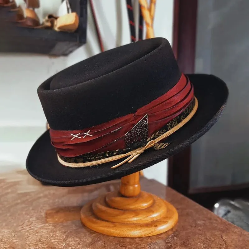 Pleated Ribbon French Hat Pure Wool Solid Color Pork Pie Style Wool Felt Hat