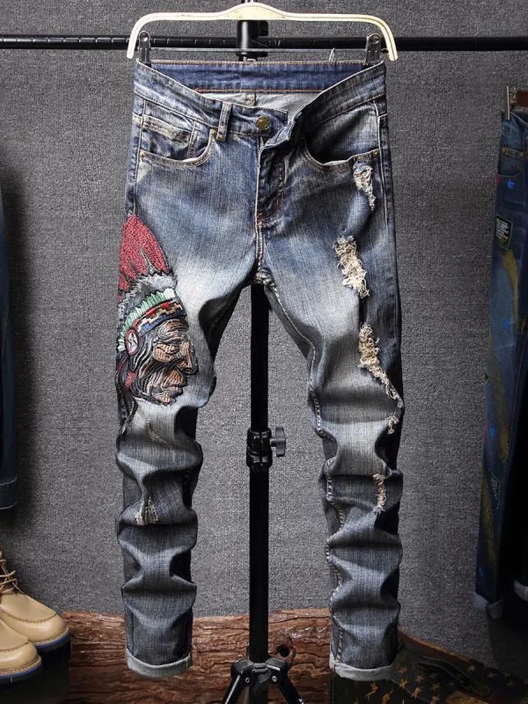 Spring and Autumn fashion trend printed straight-leg stretch denim jeans for men comfortable casual sports high-quality jeans