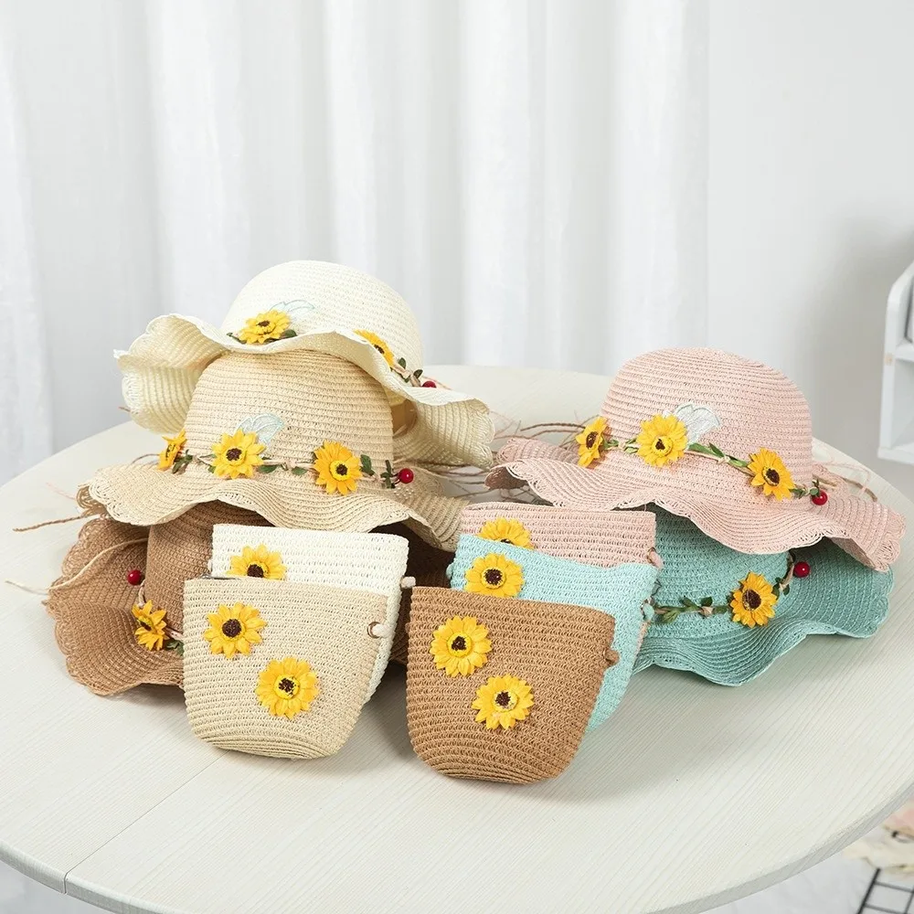 

Sweet Sunflower Children Beach Straw Hat Sun Protection Solid Color Straw Bag Cap Set Wide Brim Fisherman Hat Summer