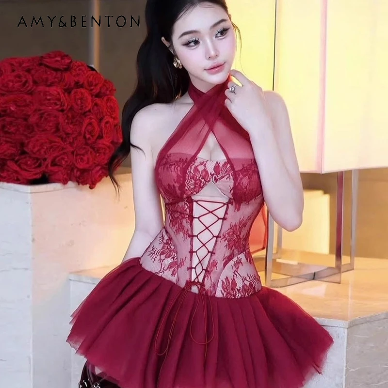 

Vintage Design Red Sweet Cool Hot Girl Sexy Women's Short Dress Autumn New Mesh Splicing Tie Design Puffy Halter Dresses Ladies