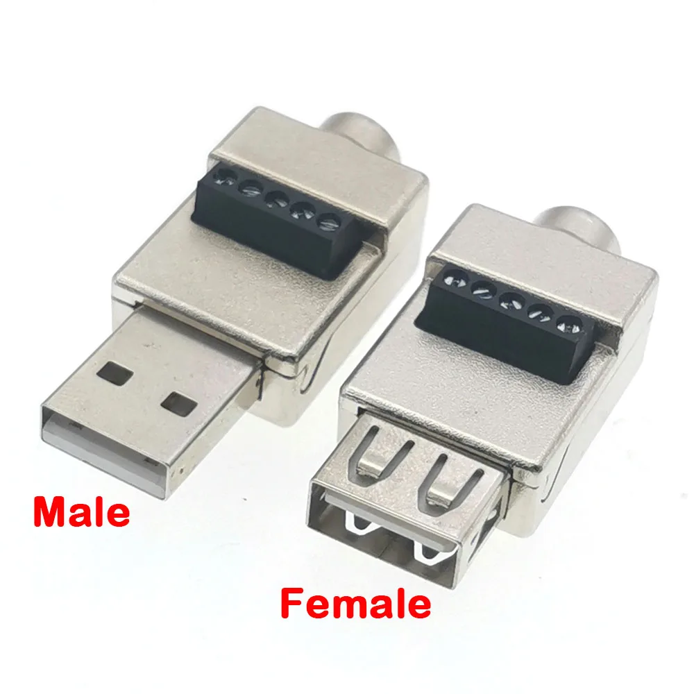 1pc USB 2.0 Type A Male Female Solderless Metal Shell Plug Fast Charging Cable USB2.0 DIY Extension Plug Port Socket DIY