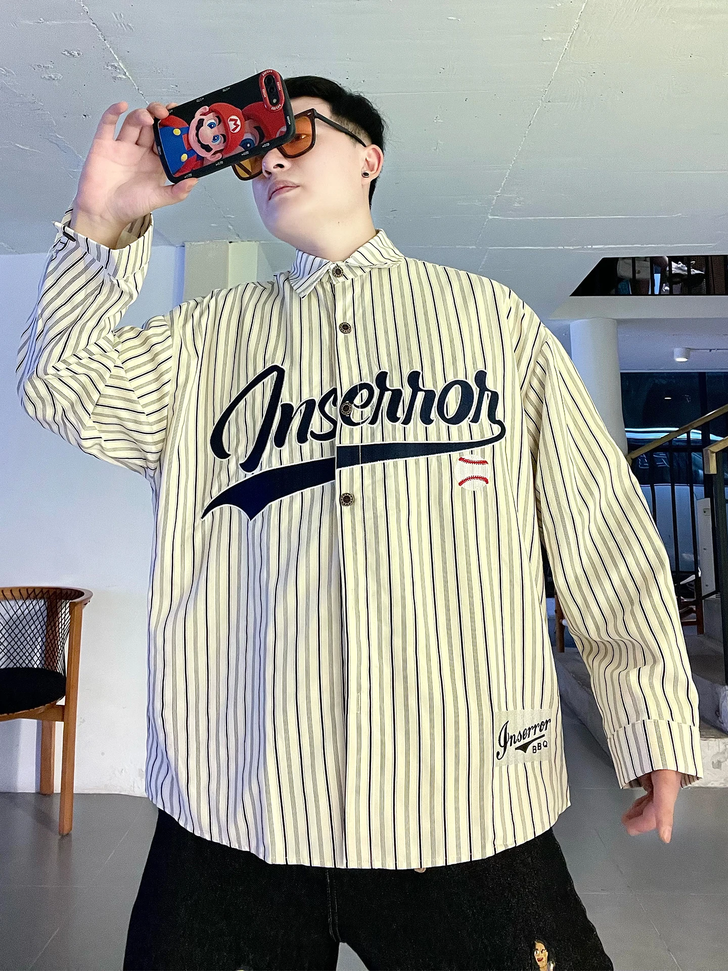 

Рубашка с длинными рукавами в американском стиле, вышитая, свободного кроя, мужская, весенне-осенняя, в клетку, повседневная бейсбольная куртка, верхняя одежда