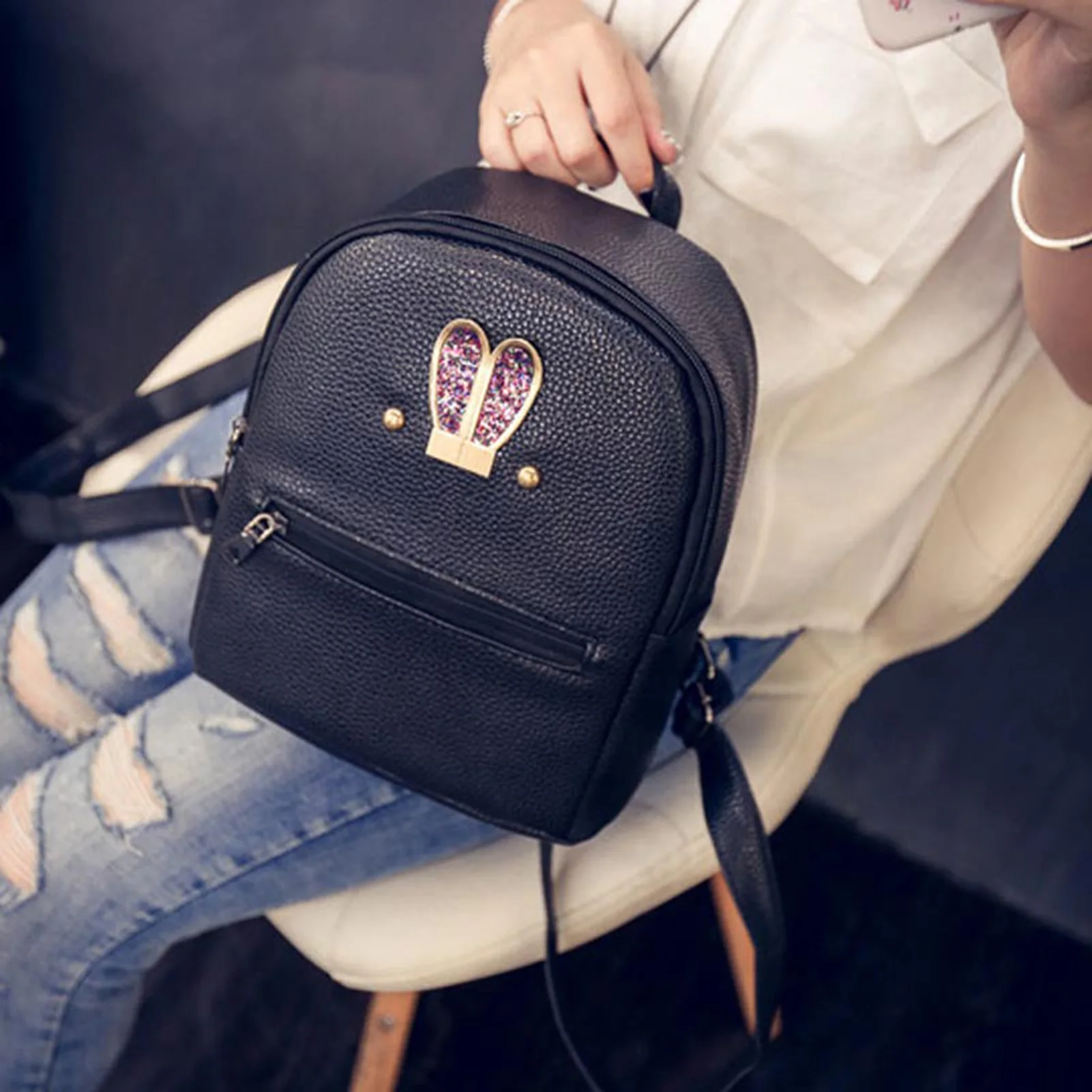 Lightweight Rabbit Ears Shoulder Backpack Clashing Color Handbags with Front Accessory Pocket for Outdoor College Workplace C66