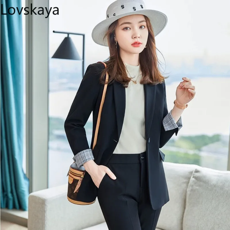 Women Apricot Black Classic Pant Suit 2 Piece Office Ladies Business Work Wear Formal Blazer And Trouser Set