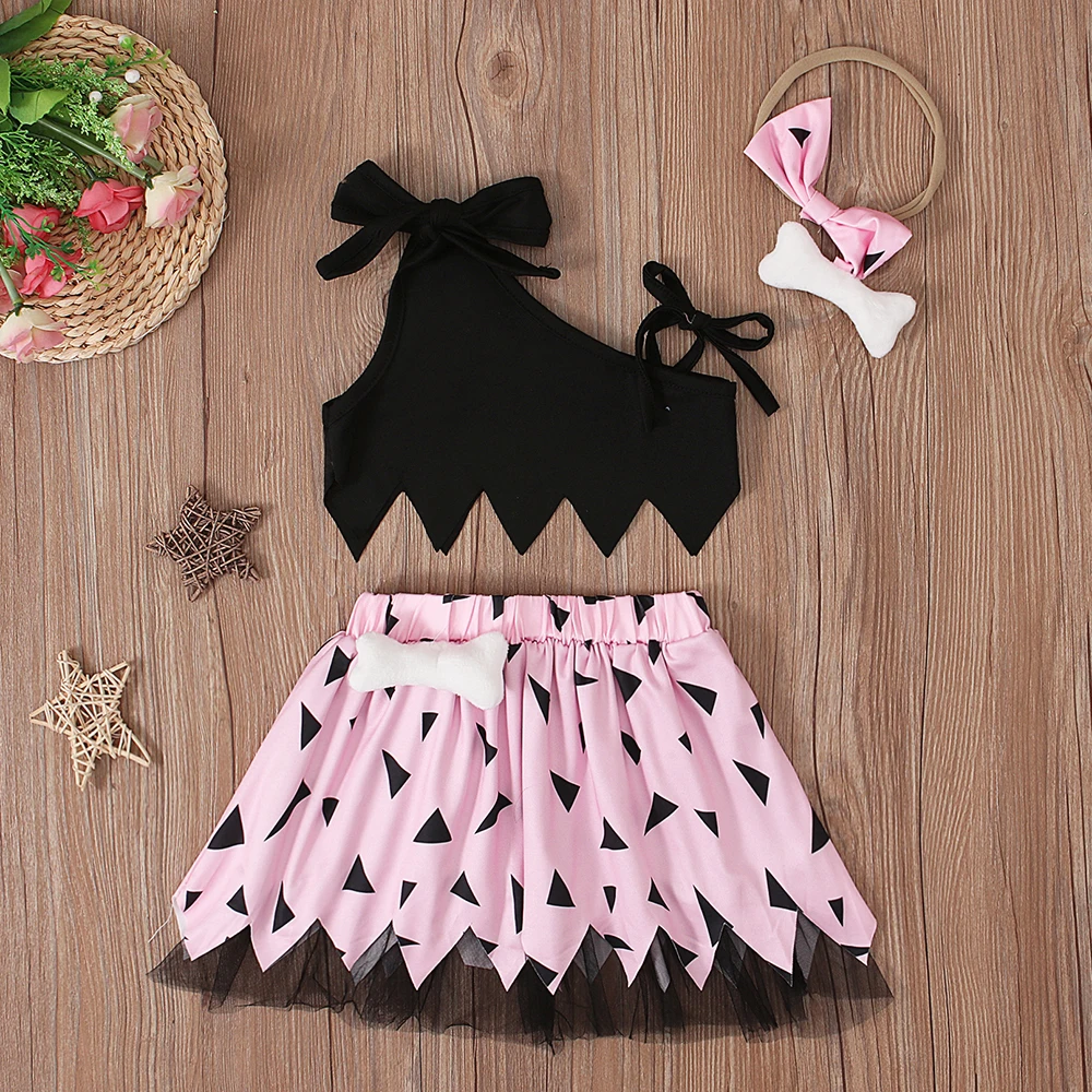 Girls European and American summer Halloween sleeveless solid color off-shoulder top + mesh skirt + hairband three-piece childre