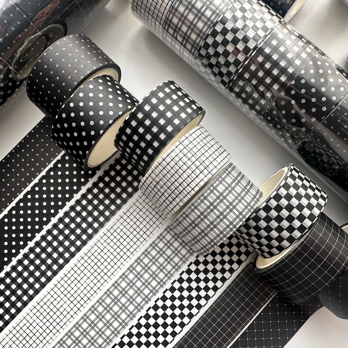 8 Rolls Plaid Washi Tapes, Black White Color Checkered Adhesive Masking Tape Classic Assorted Grid Decoration Stickers A3058