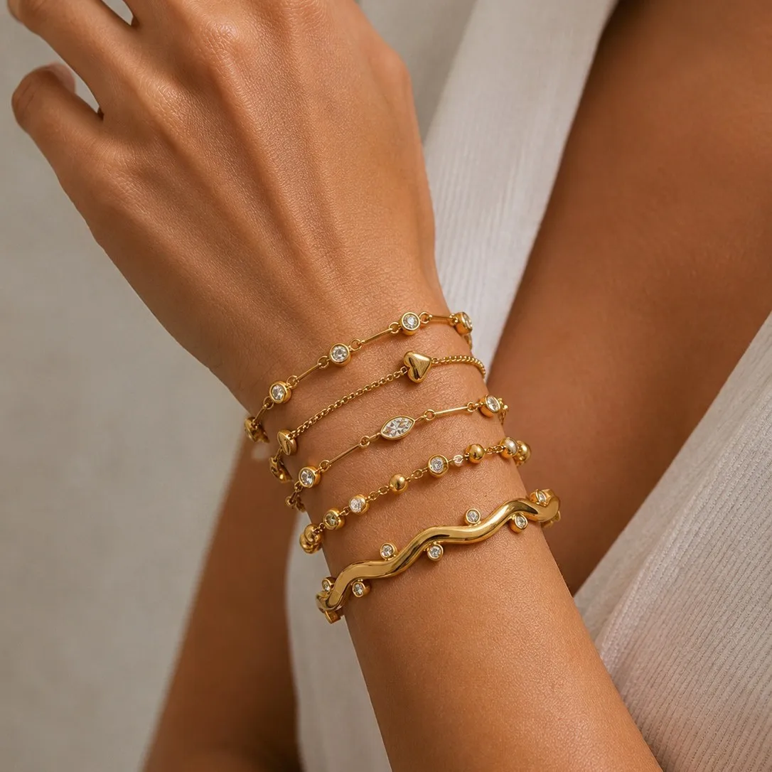 18K Gold Plated Stainless Steel Marquise CZ Station Bracelet Wavy CZ Bangle Heart Charm Bracelet Set Stackable Jewelry Women