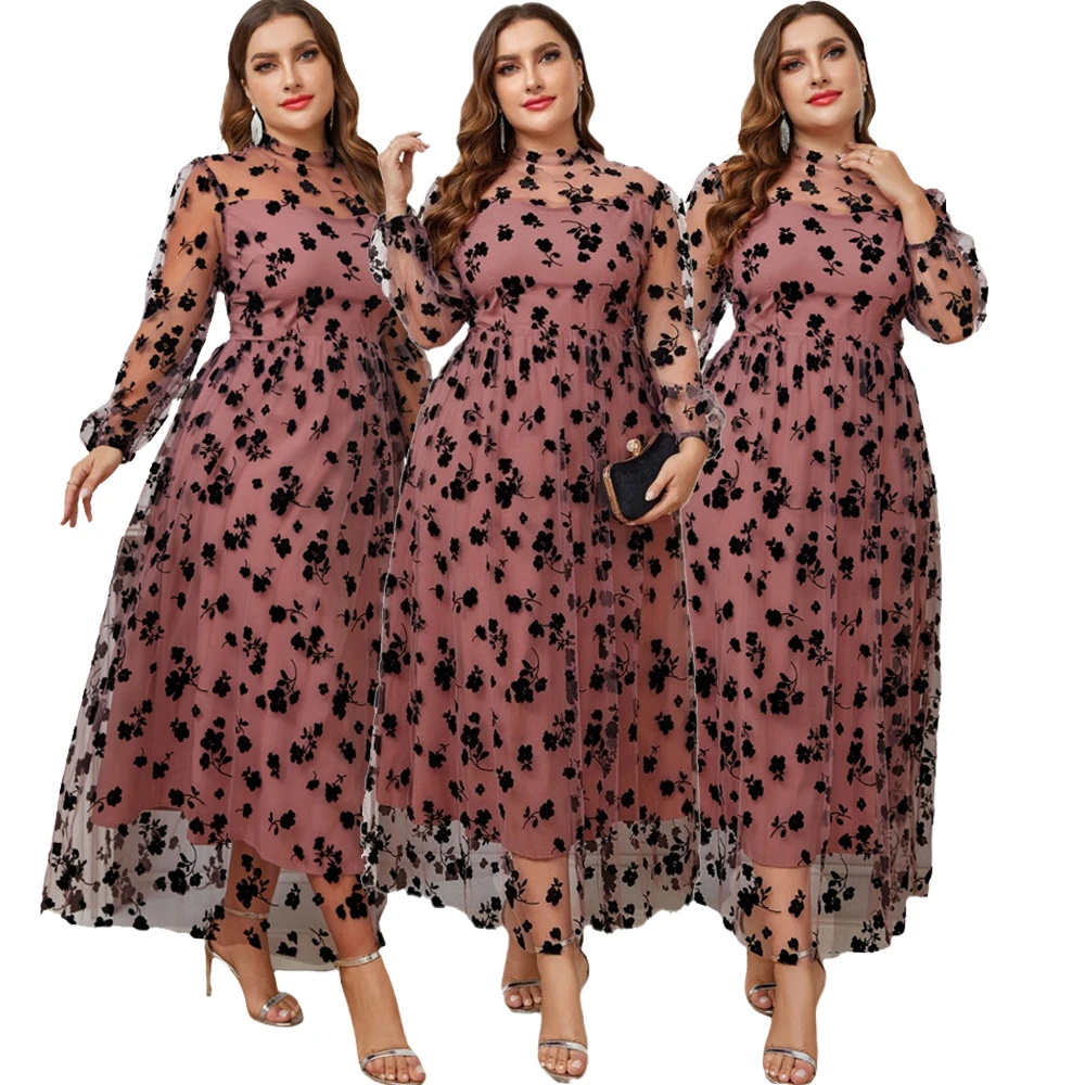 

Women Plus Size Large Maxi Dresses Chiffon Flower Mesh Chic Elegant Long Sleeve Evening Party Festival Turkish Robe Clothing