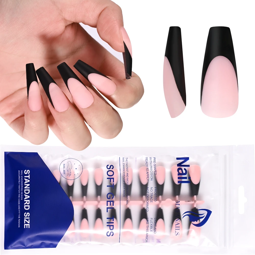 120Tips(24*5Sheets) Pink Black Acrylic French Press On Nails 12Sizes Square Head Fast Soft Gel Tip Nail For Women DIY False Nail