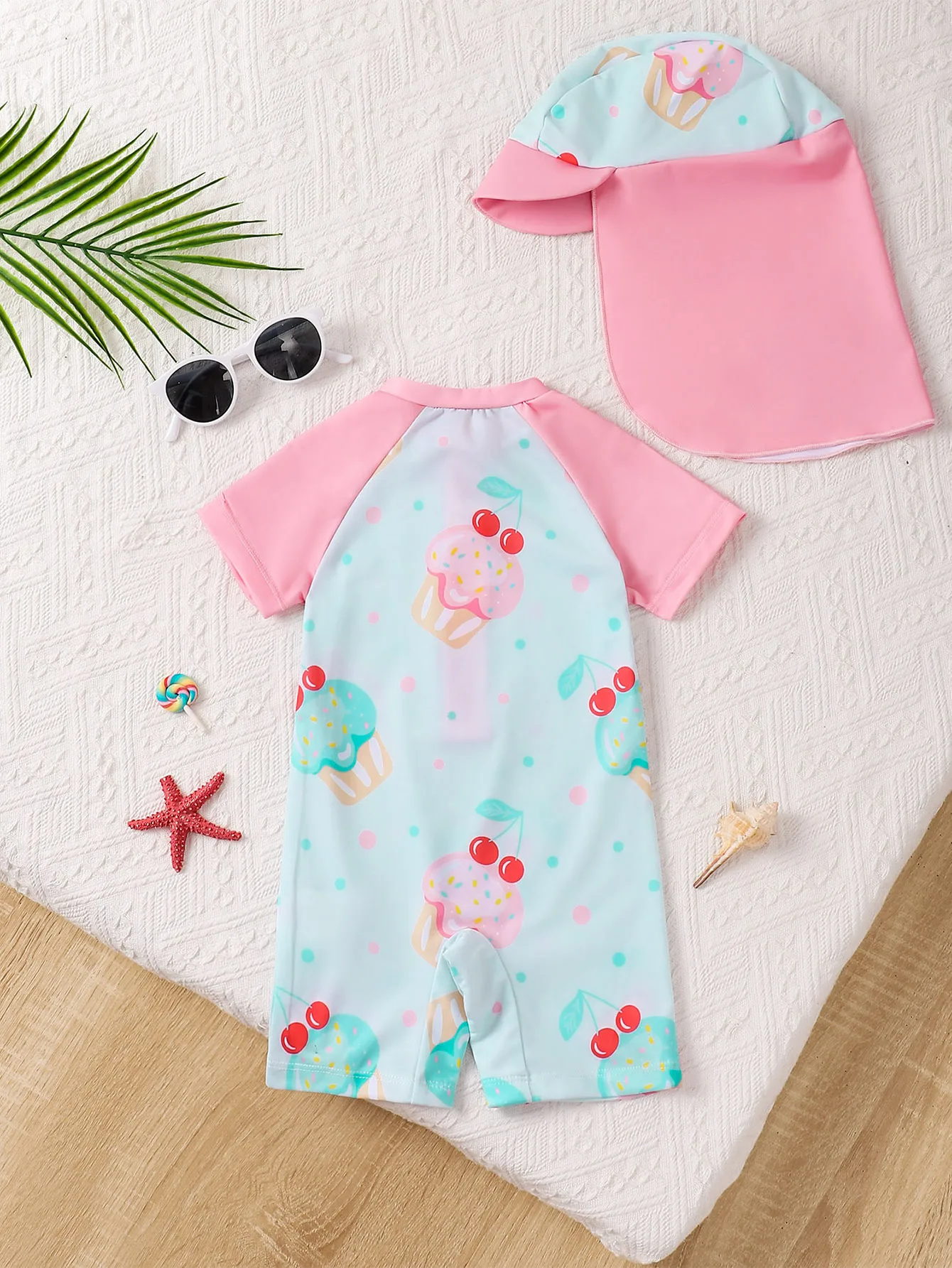 Baby Girl Summer Ice Cream Print Onesie Swimsuit with Hat Infant Swimwear Comfortable Soft Fabric Baby Clothes And Accessories