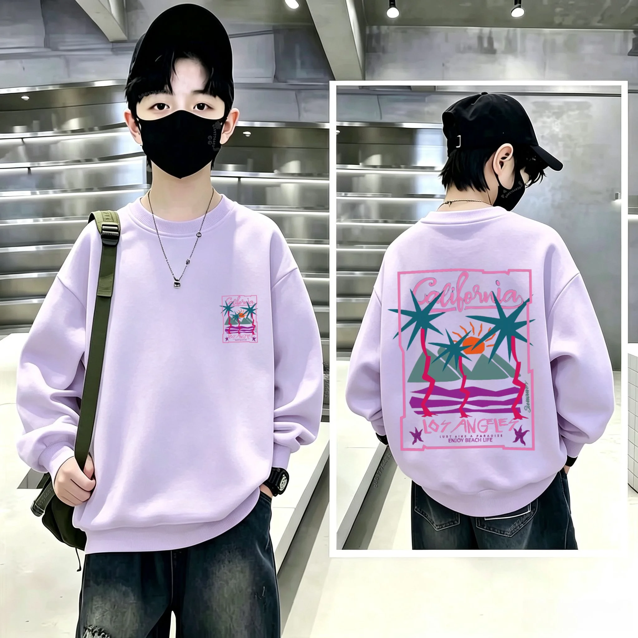 Autumn Winter California Los Angeles PalmTreeSunFront &BackPrintBoysGirlsLongSleevePulloverTopsChildren Streetwear Warm Sweater