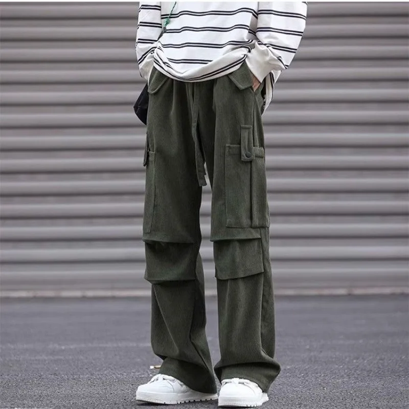 

Boyfriend Trousers Cargo Wide Leg Solid Color Elastic High Waisted Spring Autumn Pockets Men's Clothing England Style Pants