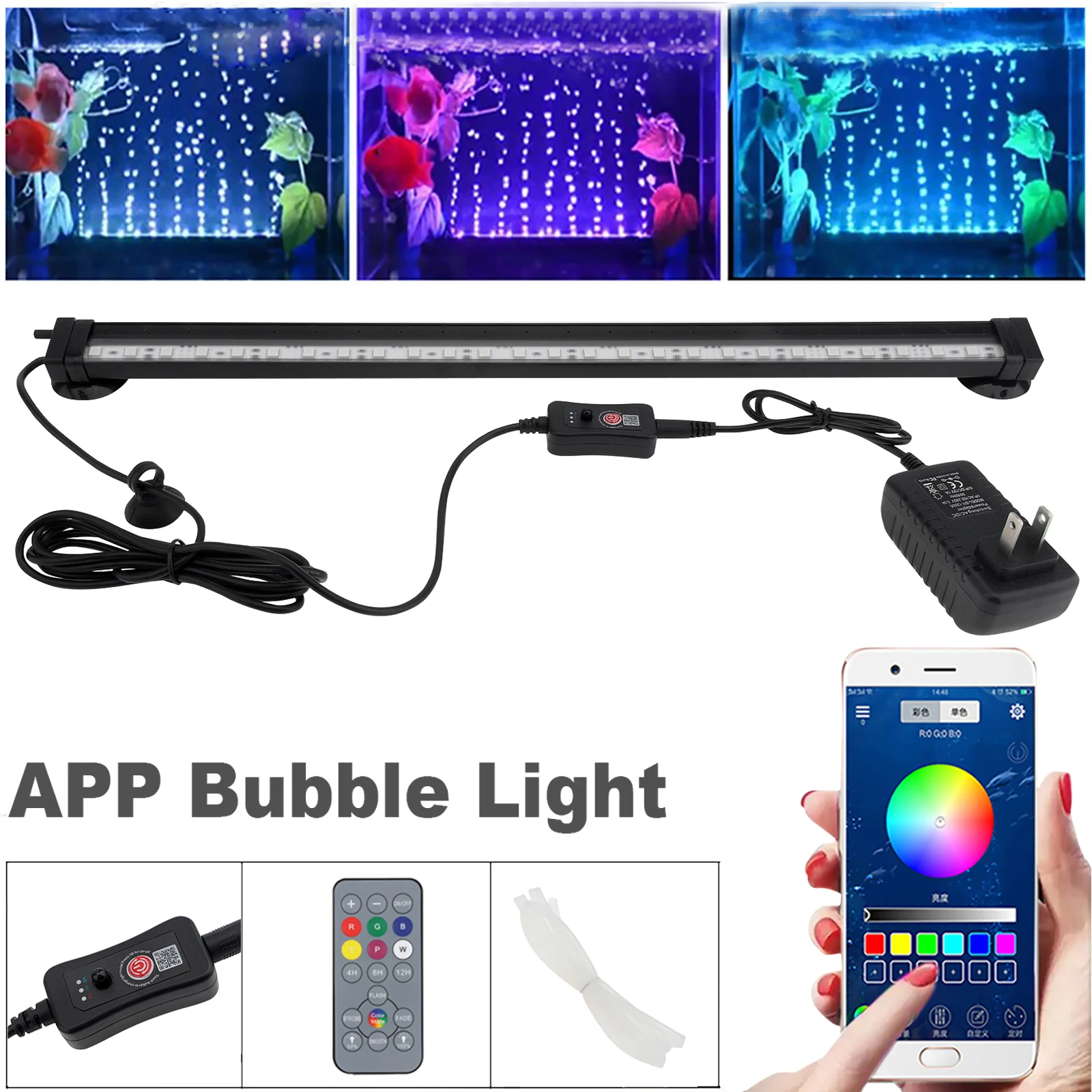 RGB Aquarium Air Bubble Light Remote Control IP68 Waterproof Color Change LED Fish Tank Lamp with APP Control