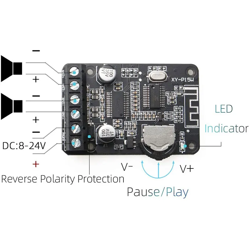 Placa de Amplificador de Potência Digital sem Shell, Bluetooth Estéreo, Alta Potência, 12V, 24V, 20W, XY-P15W