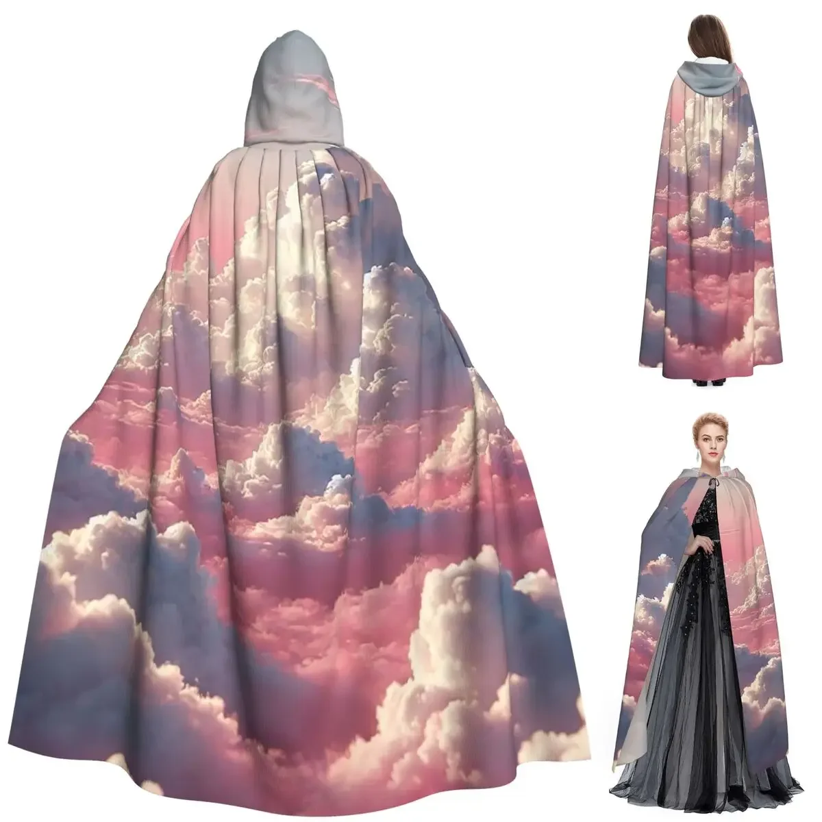 Custom Pink Clouds Sky Large Sunset Glow Long Hooded Cloak Witch Medieval Costume Cosplay Cape HalloweenParty Adult Unisex