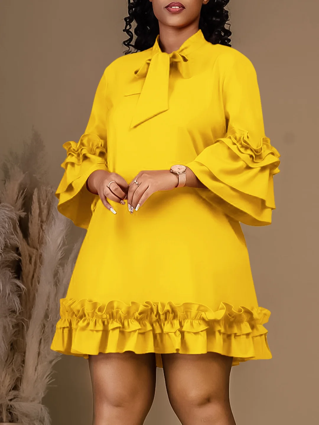 

Customized 2025 Summer Elegent African Women Half Sleeve Yellow O-neck Polyester Butterfly Sleeve Dress African Dresses for Wome