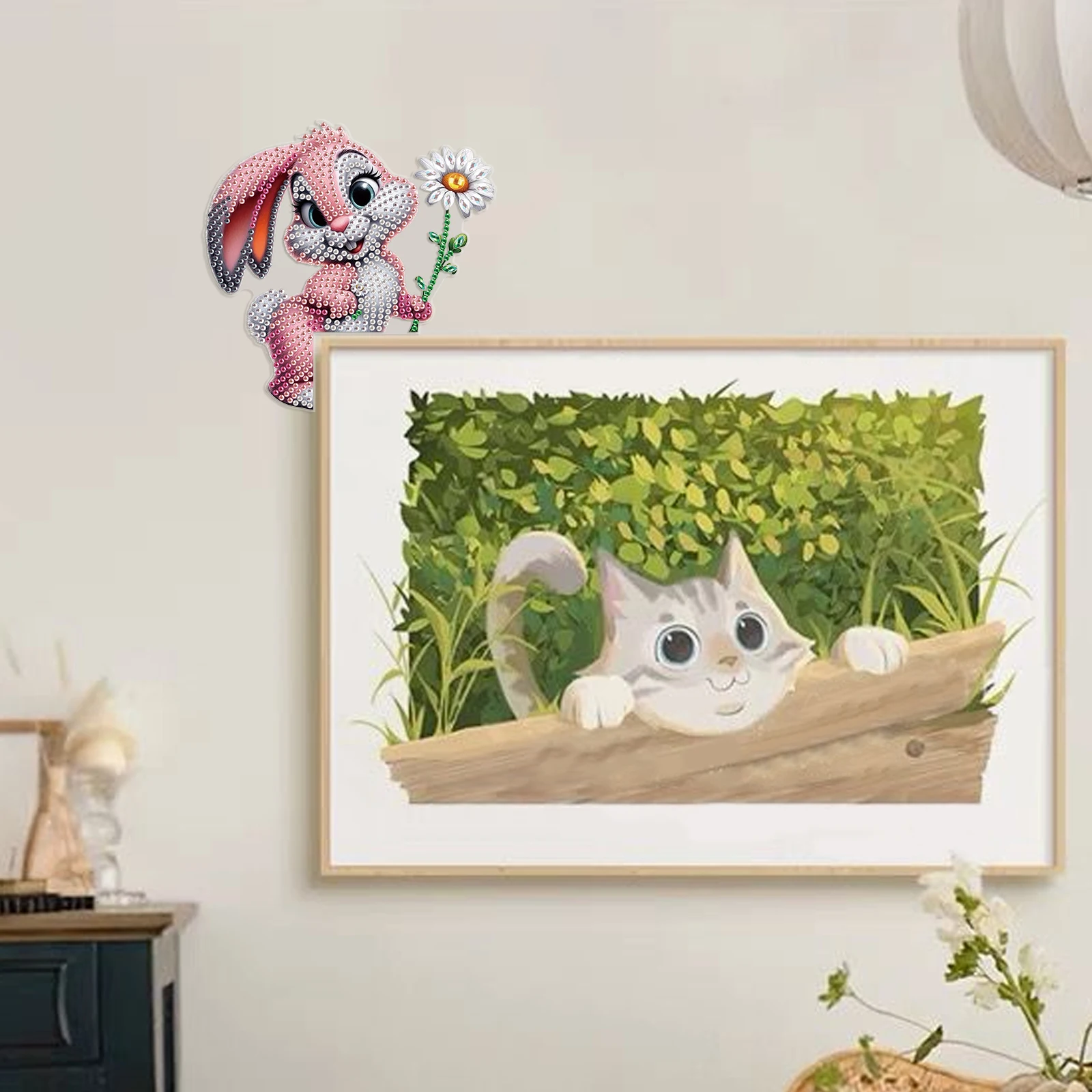 مجموعات ديكور ركن الباب الماسي، أرنب وردي أكريليك شكل خاص باب المطبخ المنزلي الماسي، إطار الصورة ديكور فني هدية #4