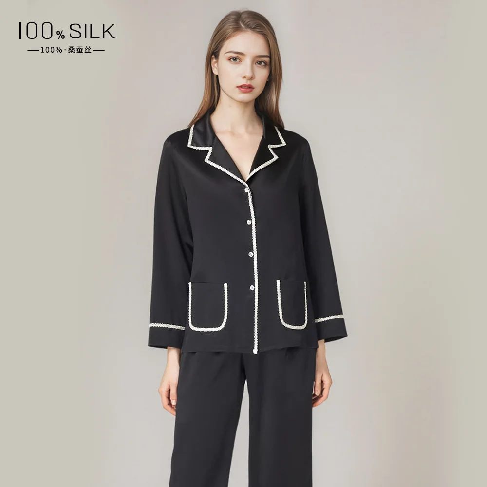 100 Mulberry Silk Custom Pajamas 19MM Silk Women's Long-sleeved Trousers Two-piece Sleepwear Set Autumn Casual Loungewear Pajama