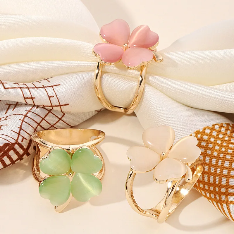 Hebilla de bufanda de piedra de ojo de gato de trébol de cuatro hojas, cuerno de Metal para mujer, hebillas de fijación de gemas de ojo de gato, hebilla decorativa para bufanda de ropa