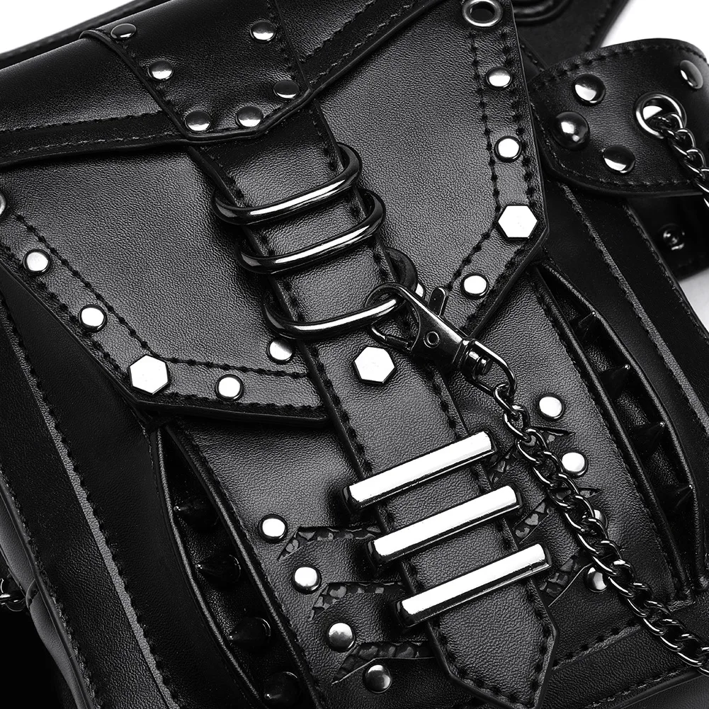 New Steampunk Retro Motorcycle Bag Man Fashion Outdoor Sports Cycling Waist Leg Bags PU Leather Waterproof Rivet Chain Bag Women