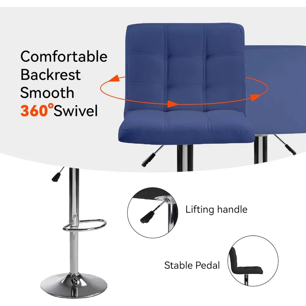 Blue Square Cushion Bar Stools Set with Back, 2 Counter Height Chairs for Cafe Use