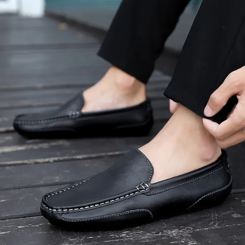 Genuine Leather Men Casual Shoes Soft Luxury Brand Mens Loafers Moccasins Breathable Slip on Black Driving Shoes Plus Size 37-47