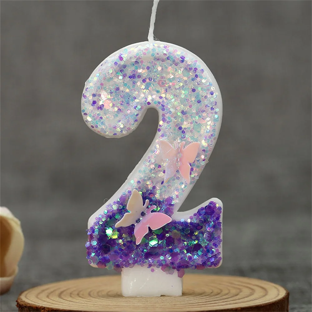 1pcs Purple Glitter Butterfly Theme Candle 0-9 Number Cake Topper Wedding Decor Baby Shower Kid Birthday Party Decor