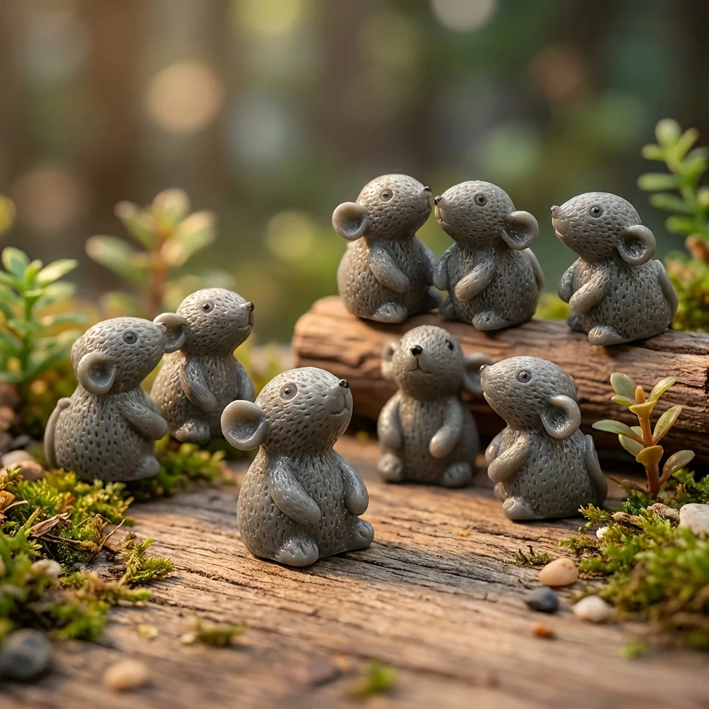 10 Piezas de Mini Figuras de Ratón de Resina Gris Hechas a Mano, Micro Paisaje, Decoración para el Tablero del Automóvil, Manualidades para el Hogar, Adornos Decorativos