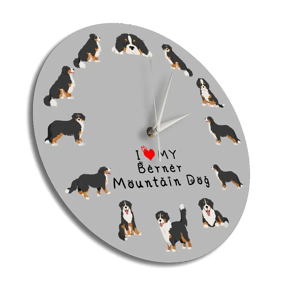 I Love My Bernese Mountain Dog Cartoon Printed Wall Clock For Living Room Berner Sennenhund Cattle Dog Breed Silent Wall Watch