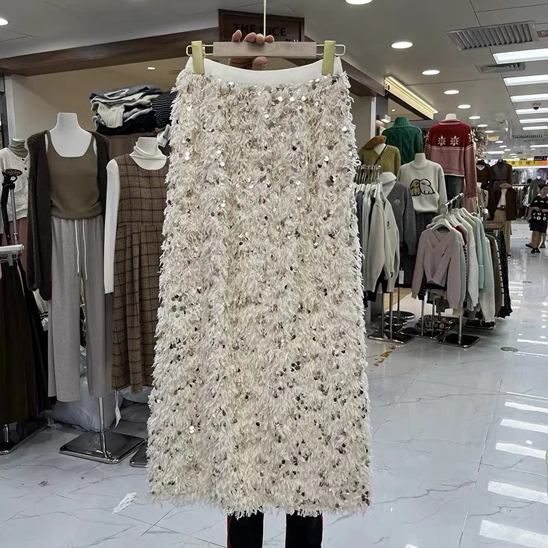 Saias longas de lantejoulas, Cintura alta, Linha A, Vintage, Festa, Fashion coreana, Elegante