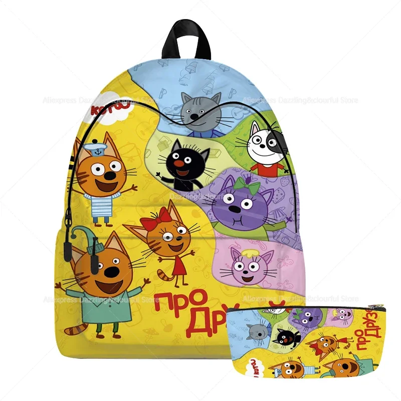 Tas sekolah tiga anak kucing, ransel buku remaja, Softback, perjalanan, anak perempuan dan laki-laki, 2 potong, Kartun tiga anak kucing