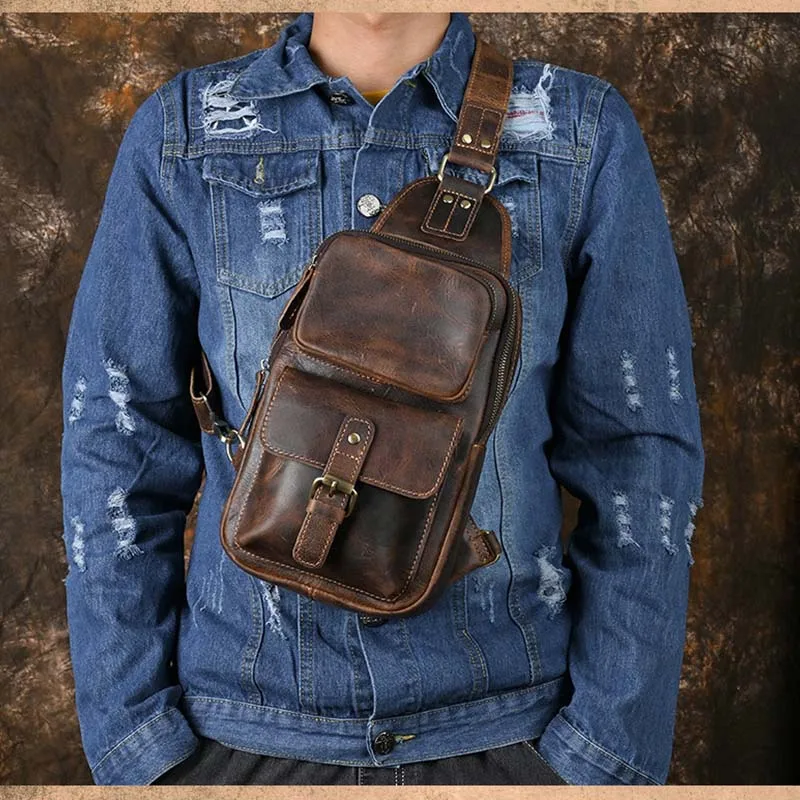 Men\'s Genuine Leather Chest Bag Leather Big Capacity Crossbody Bag Casual Male Riding Messenger iPad Cell Phone Sling Bag