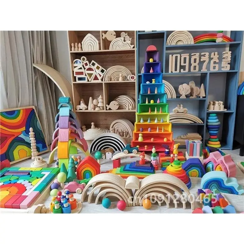 Kinderen Houten Regenboog Boog Stacker Pastel Bouwstenen Halve cirkel Ballen Plaat Unpaint Stapelen Speelgoed