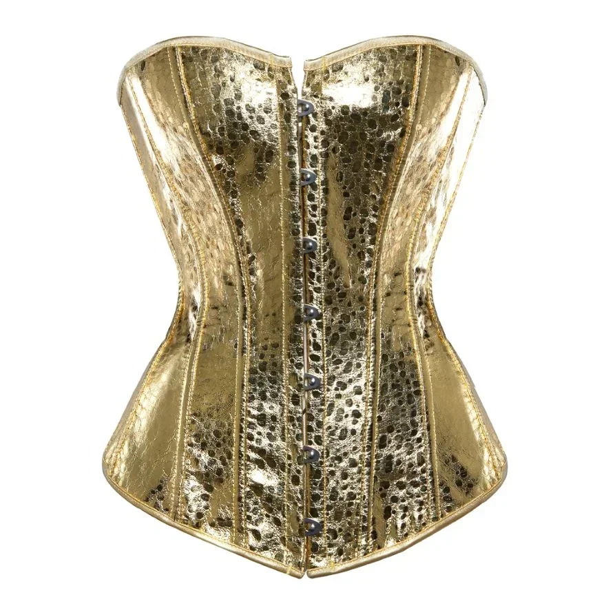 Women Faux Leather Shiny Gold Silver Overbust Corset Burlesque Bustier Body Shaper Steampunk Corselet