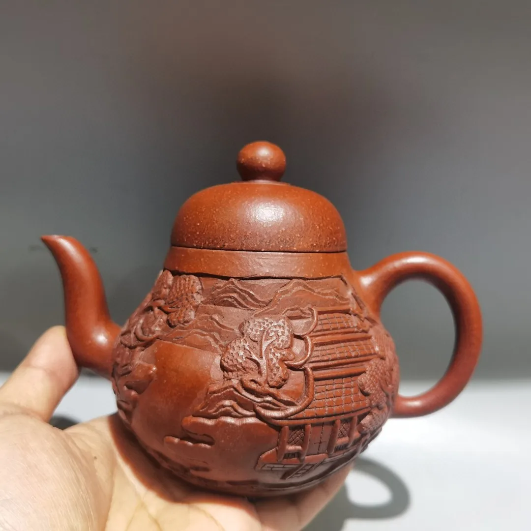 7 "الصينية ييشينغ الأرجواني وعاء الطين كيرين تمثال ورقة منقوشة إبريق الشاي غلاية إبريق الشاي الإبريق جمع ثروة الحلي تاون هاوس