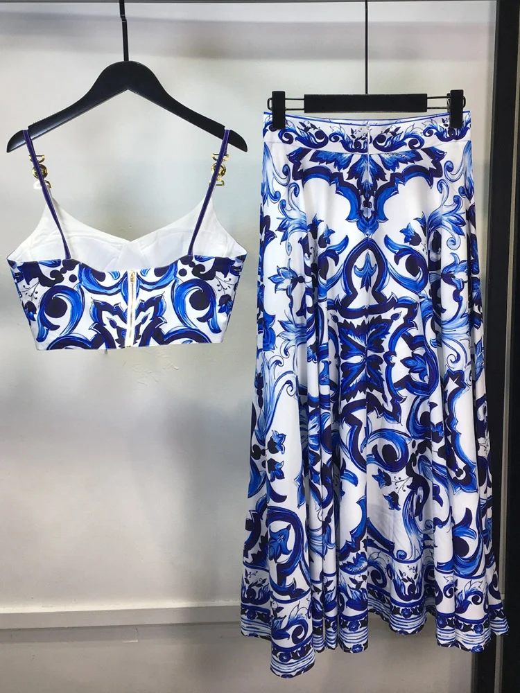 Runway Women Two Piece Set Summer Holiday Blue White Porcelain Padded Cup Zipper Print Strap Short Crop Top + Long Skirt Suits