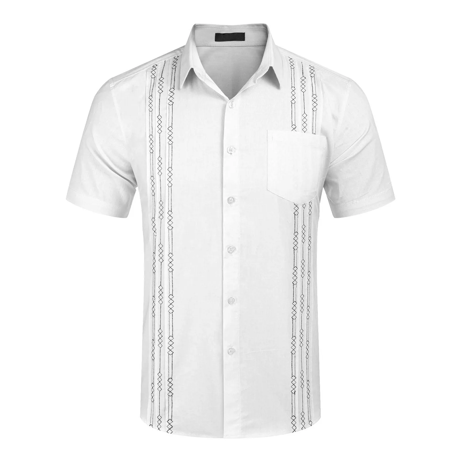 Men\'s Short Sleeve Linen Shirt Cuban Beach Tops Pocket Guayabera Shirts Social dress shirt Solid Shirts Flower Holiday