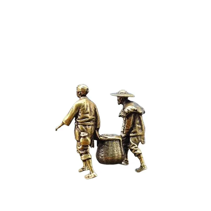 Brass Farmer Carrying A Bamboo Basket Miniature Landscape Figure Model Artificial Hill Ancient Style Scenery Decorative Ornament