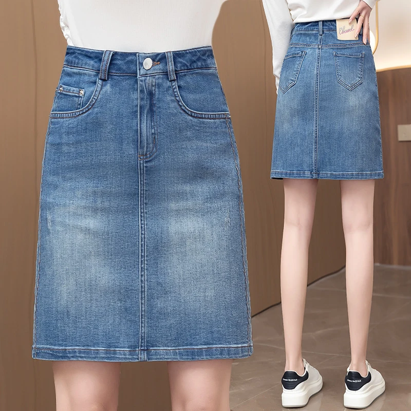 

Женская джинсовая юбка, новая модель с высокой талией для весны и осени. Джинсовая юбка-карандаш средней длины в ретро-стиле для миниатюрных женщин.