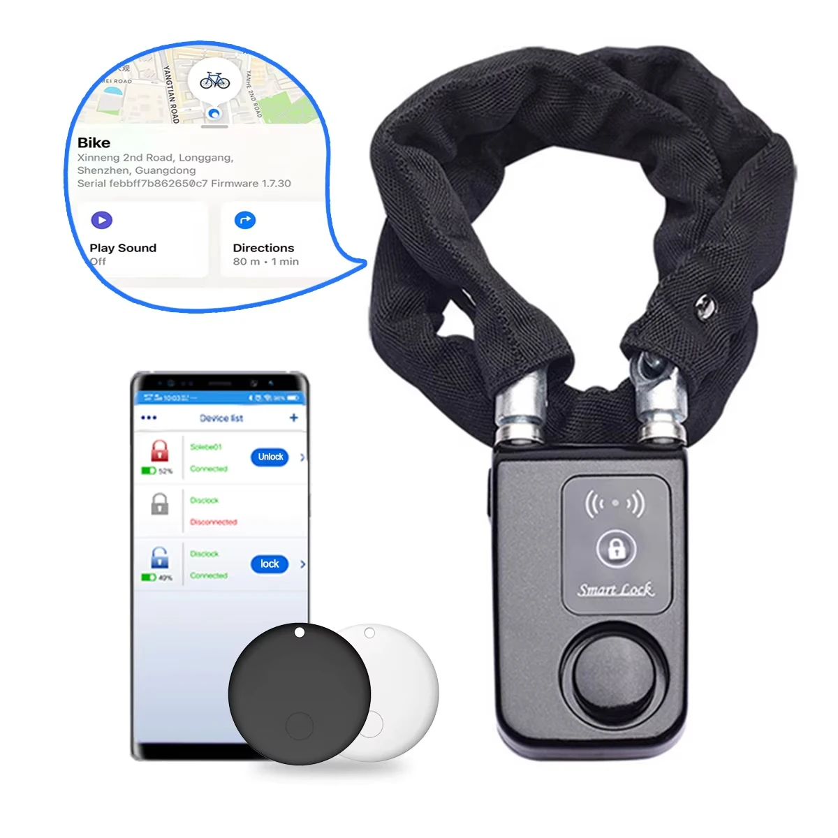 110dB Alarm Bike Chain Lock with AirTag Slot IP55 Waterproof Anti-Theft Steel Security Lock for Bicycle Motorcycle Scooter