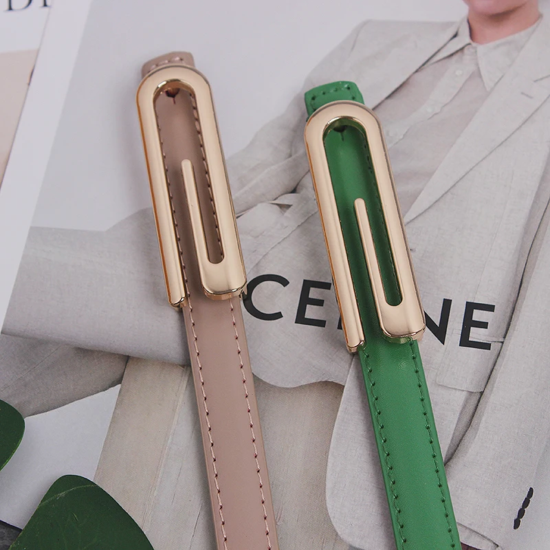 

2022 Design Real Leather Slim Belt Corset for Women Green White Blue Coffee Cow Leather Slide Buckle Waistband Causal Jean Belt