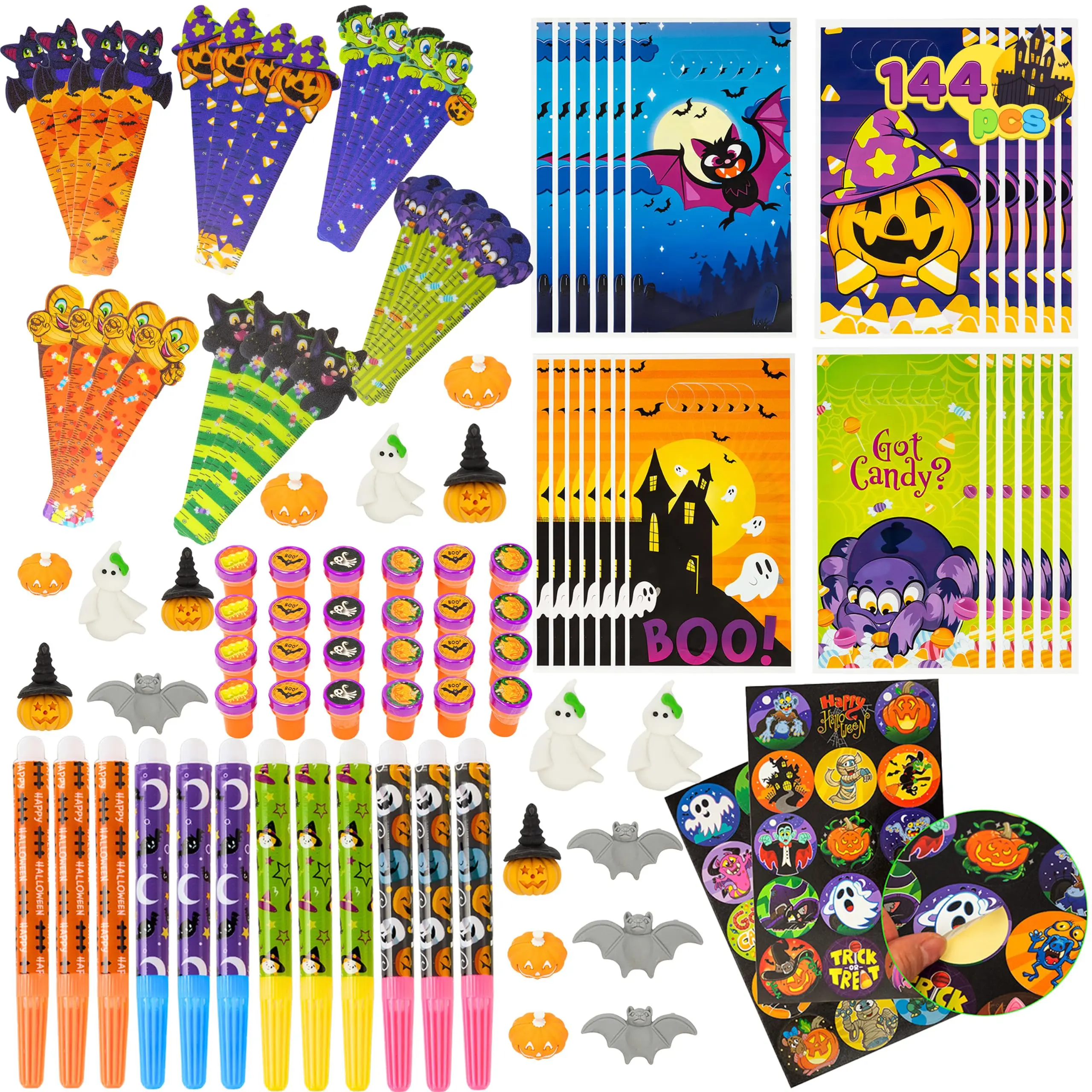 JOYIN 144 Pieces 24 Pack Assorted Halloween Themed Stationery Kid Gift Set Trick Treat Prize Party Favor Toy Including Halloween Coloring Marker, Ruler, Sticker, Stamp and Eraser in Trick or Treat Bag