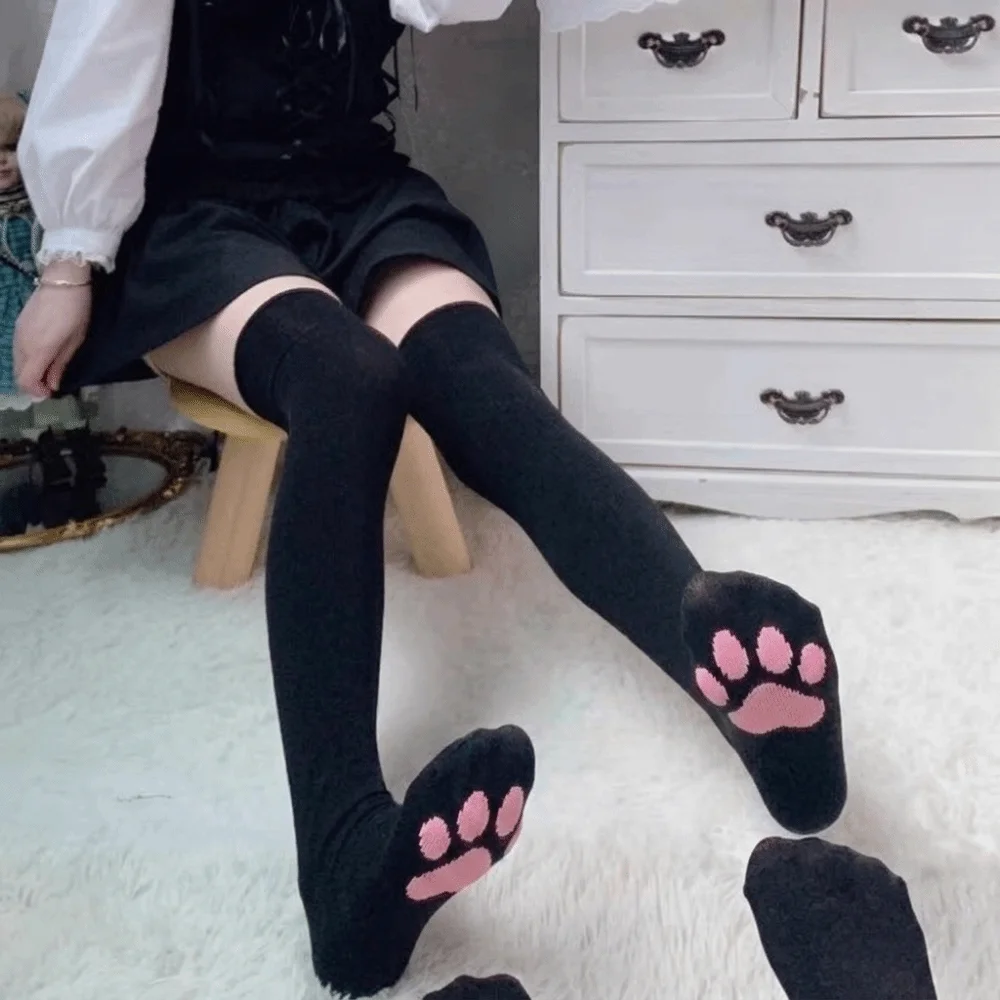 Harajuku Velvet Cat Paw Stockings Cute Thigh High 3D Kitten Claw Socks Pink Paw Pads Long Socks Cosplay
