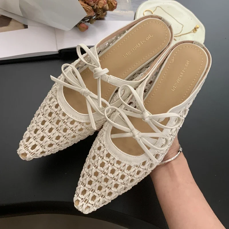 

Плетеные шлепанцы в стиле ретро с узлом-бабочкой, женские модные сандалии с острым носком для женщин, удобные неглубокие тапочки, женские Zapatos De Mujer