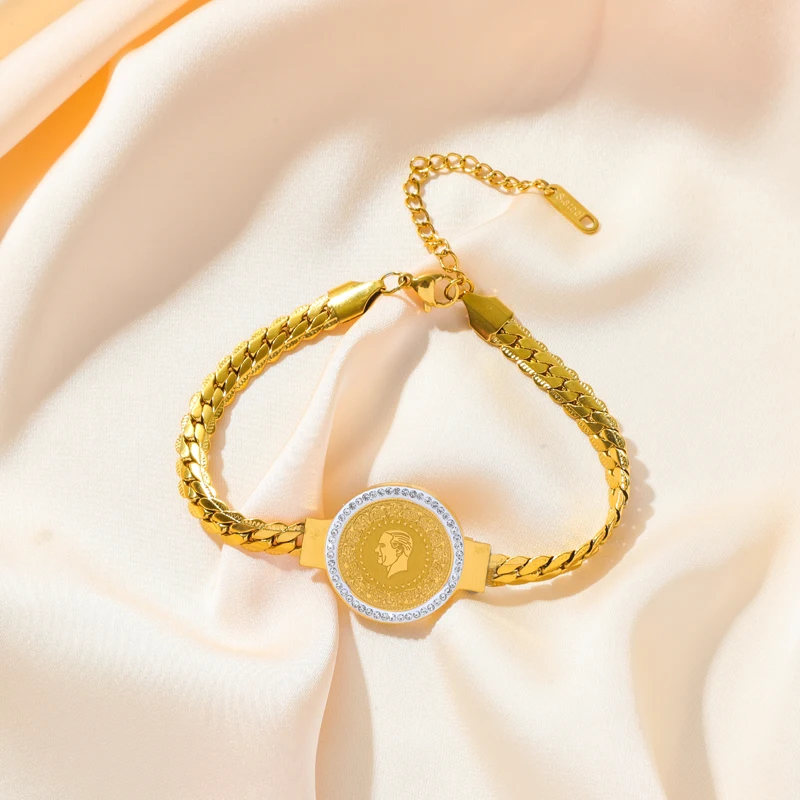 EILIECK 316L Edelstahl Münzporträt Zirkonia Halskette Armband Ohrringe für Frauen Mädchen Trendiger Wasserdichter Schmuckset Geschenk – Detail 18