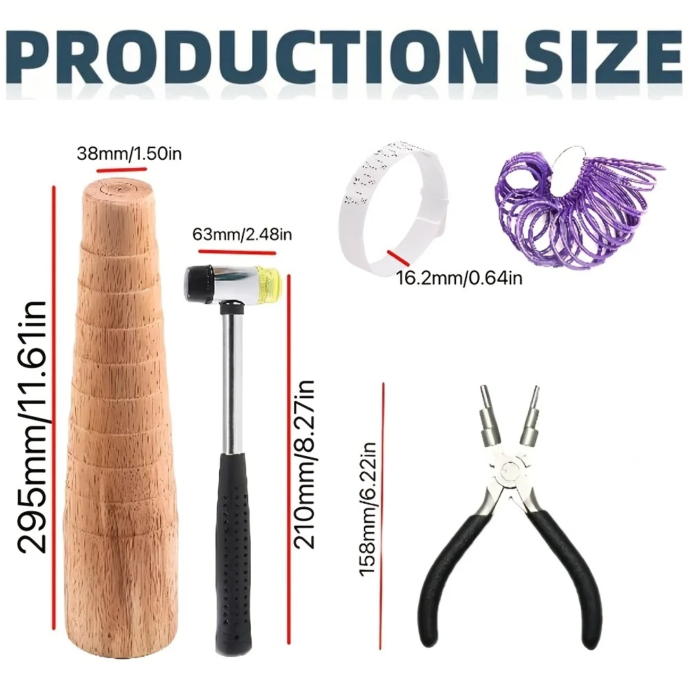 Jewelry Making Tool Kit Wooden Ring Shaping Mandrel, Rubber Mallet, Ring Sizer Gauge for Ring Reshaping Wire Wrapping DIY Craft